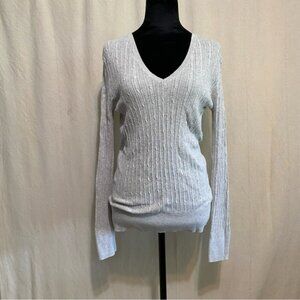 Lightweight Gray V-Neck Sweater with Ribbed Knit and Slim Fit.